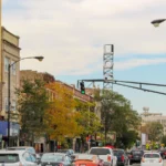 A photo of a busy intersection in Logan Square