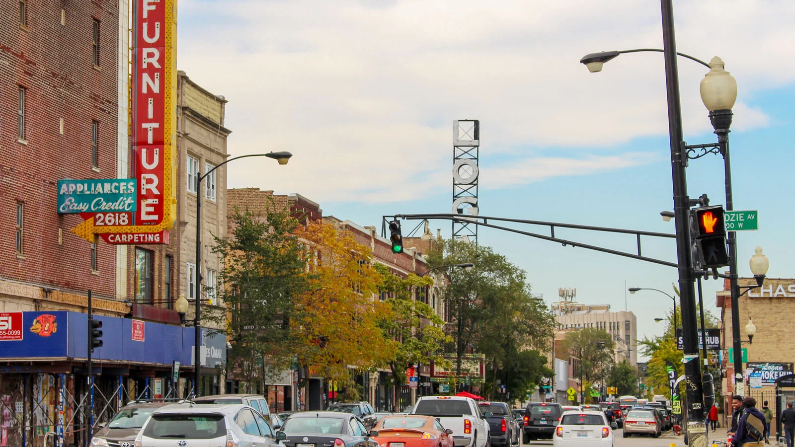 A photo of a busy intersection in Logan Square